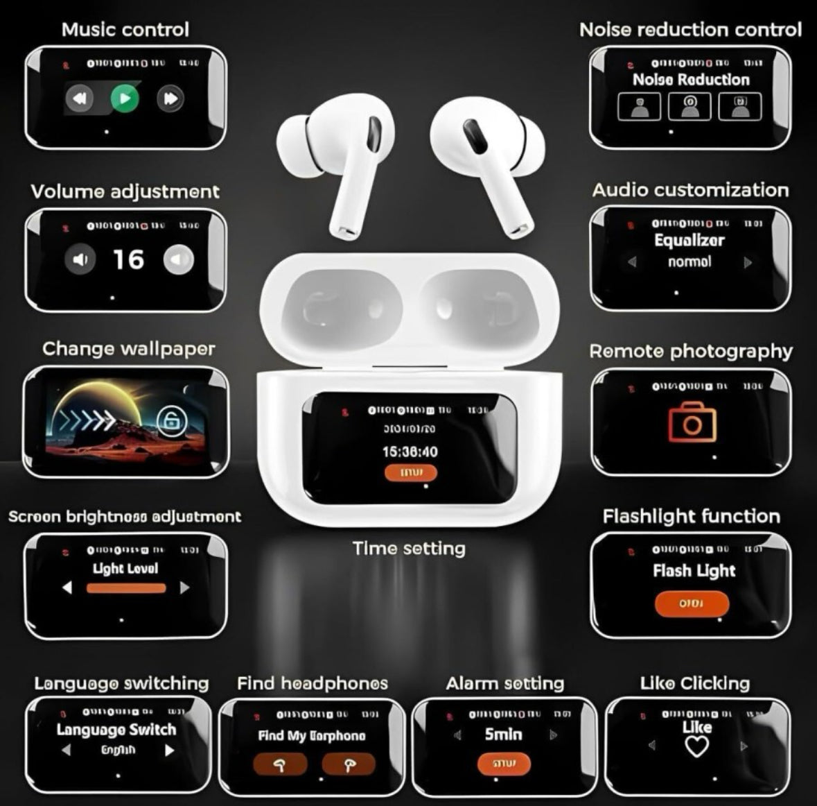 Wireless Earbuds with LCD Touchscreen